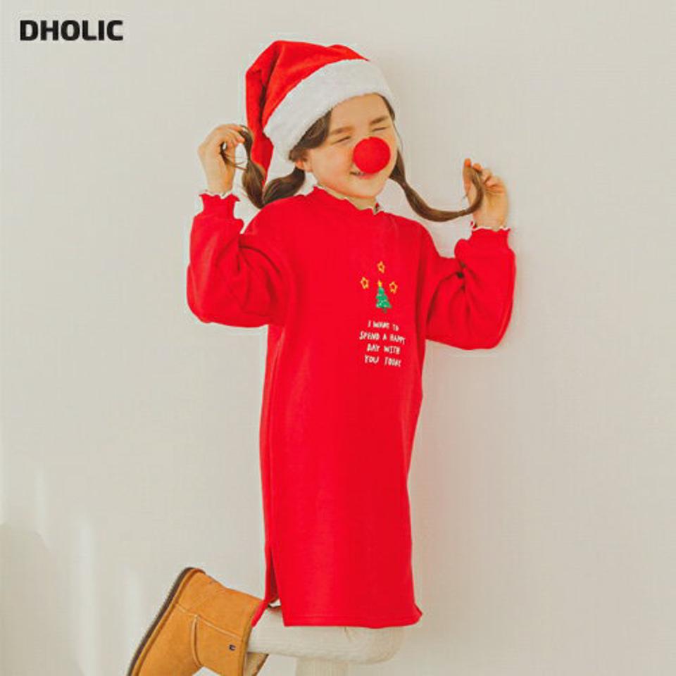 裏起毛ツリー刺繍ワンピース(red)・p009875 キッズ【3~8才】【ops】【ワンピース ミディ丈 ミディワンピース 長袖 ロゴ 裏起毛 刺繍 クリスマス 可愛い かわいい カジュアル 女の子 冬 韓国 韓国子供服 子供 こども 子供服 こども服】【KIDS】