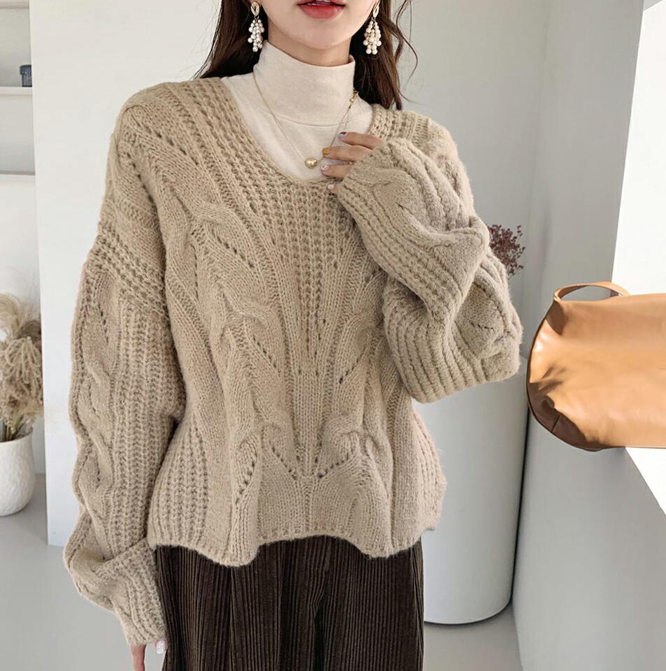 ルーズVネックニット・全4色・t61255 レディース 【tops】【韓国 ファッション トップス ニット 長袖 ロングスリーブ ケーブルニット ツイストニット ルーズ ゆったり オーバーサイズ 体型カバー ざっくりニット ざっくり編み カジュアル 秋 冬】