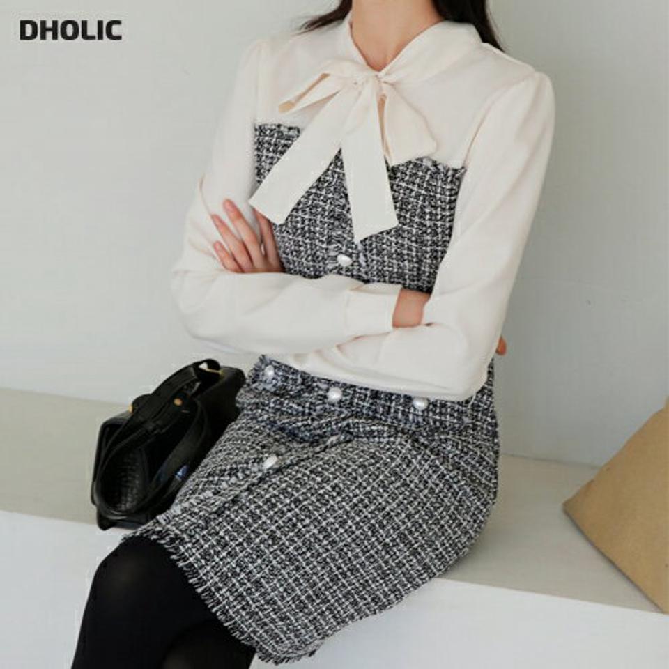 ツイード配色ワンピース・全2色・t61266 レディース 【ops】【韓国 ファッション ワンピース ミニ ショート Hライン ネックリボン リボンネック ボウタイ 長袖 上品 高見え エレガント きれいめ お呼ばれ カジュアル 秋 冬】