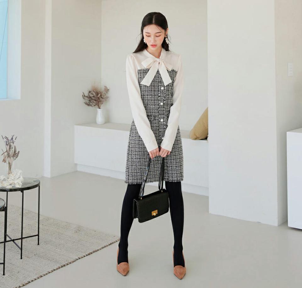 ツイード配色ワンピース・全2色・t61266 レディース 【ops】【韓国 ファッション ワンピース ミニ ショート Hライン ネックリボン リボンネック ボウタイ 長袖 上品 高見え エレガント きれいめ お呼ばれ カジュアル 秋 冬】