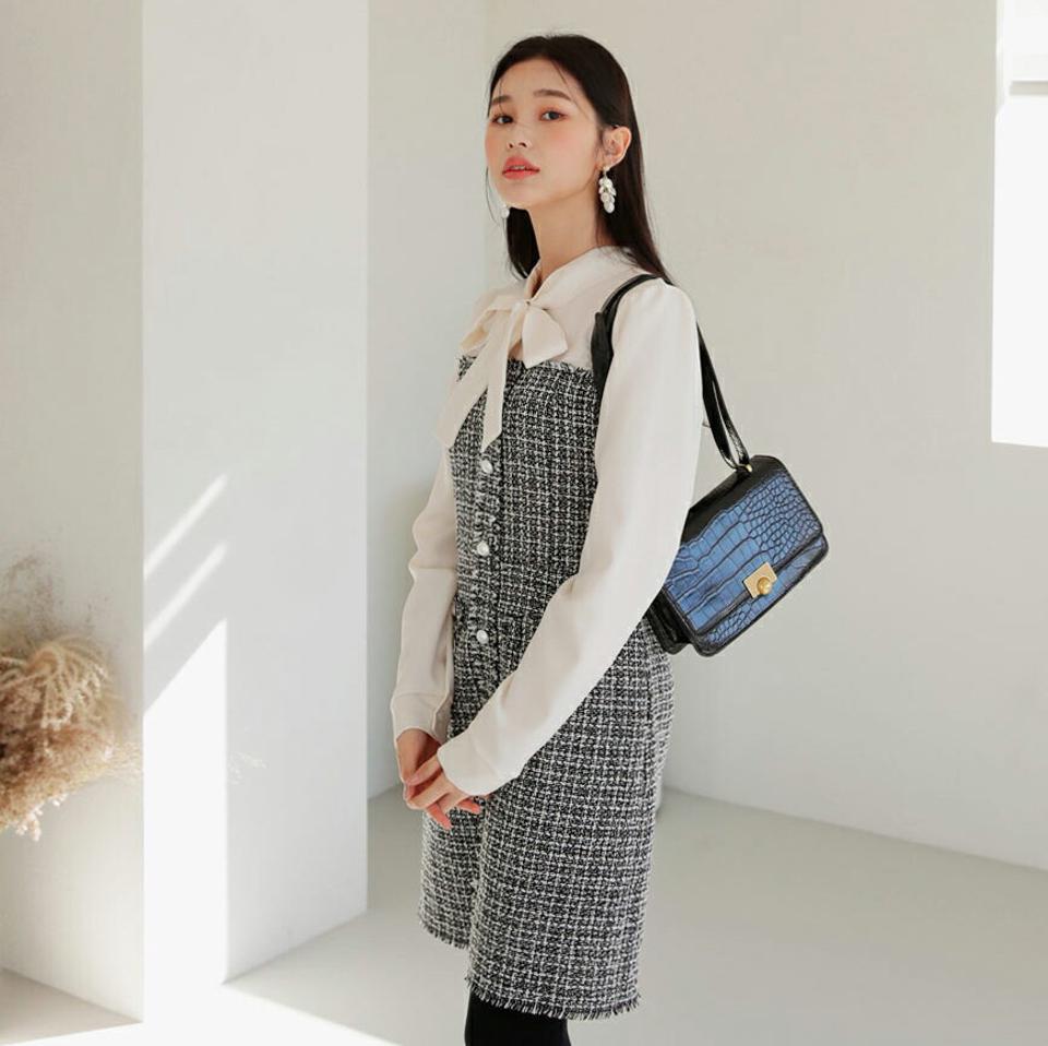 ツイード配色ワンピース・全2色・t61266 レディース 【ops】【韓国 ファッション ワンピース ミニ ショート Hライン ネックリボン リボンネック ボウタイ 長袖 上品 高見え エレガント きれいめ お呼ばれ カジュアル 秋 冬】