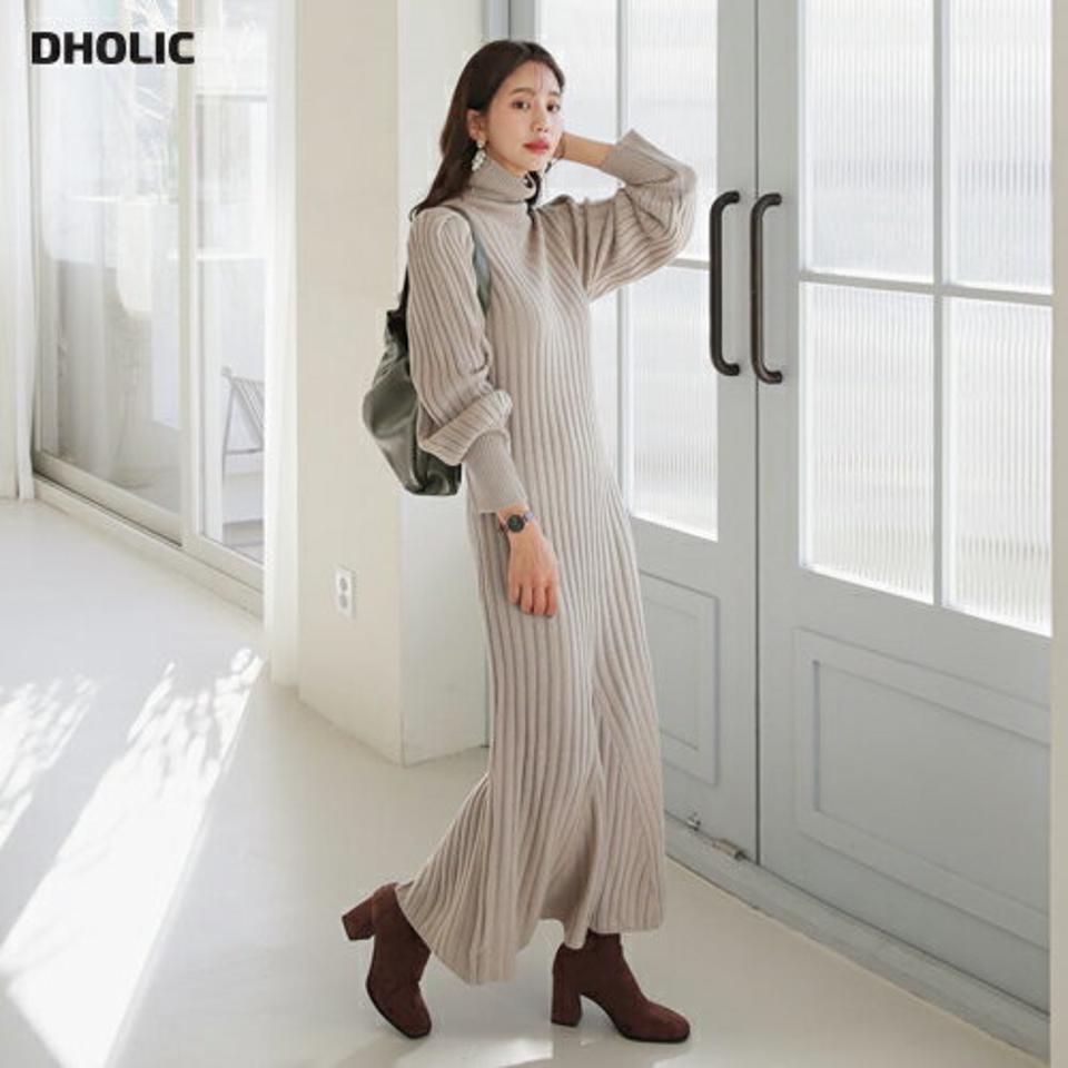 タートルニットワンピース・全3色・b61267 レディース 【ops】【韓国 ファッション ワンピース ロング フレア Aライン ニット 長袖 ロングスリーブ リブニット ハイネック スリム 細身 マキシ カジュアル 秋 冬】