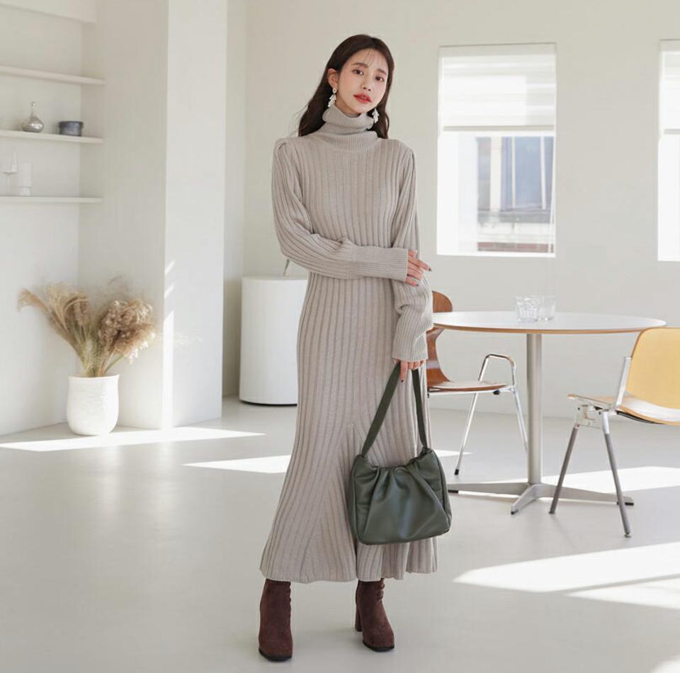 タートルニットワンピース・全3色・b61267 レディース 【ops】【韓国 ファッション ワンピース ロング フレア Aライン ニット 長袖 ロングスリーブ リブニット ハイネック スリム 細身 マキシ カジュアル 秋 冬】