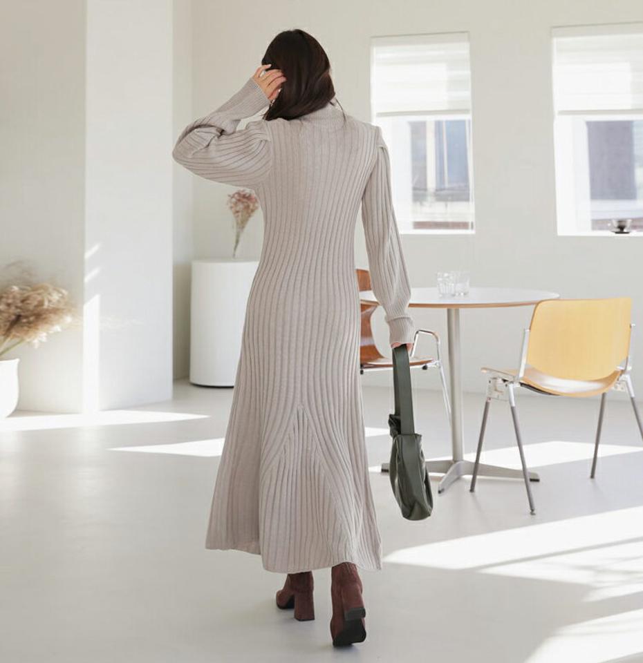 タートルニットワンピース・全3色・b61267 レディース 【ops】【韓国 ファッション ワンピース ロング フレア Aライン ニット 長袖 ロングスリーブ リブニット ハイネック スリム 細身 マキシ カジュアル 秋 冬】