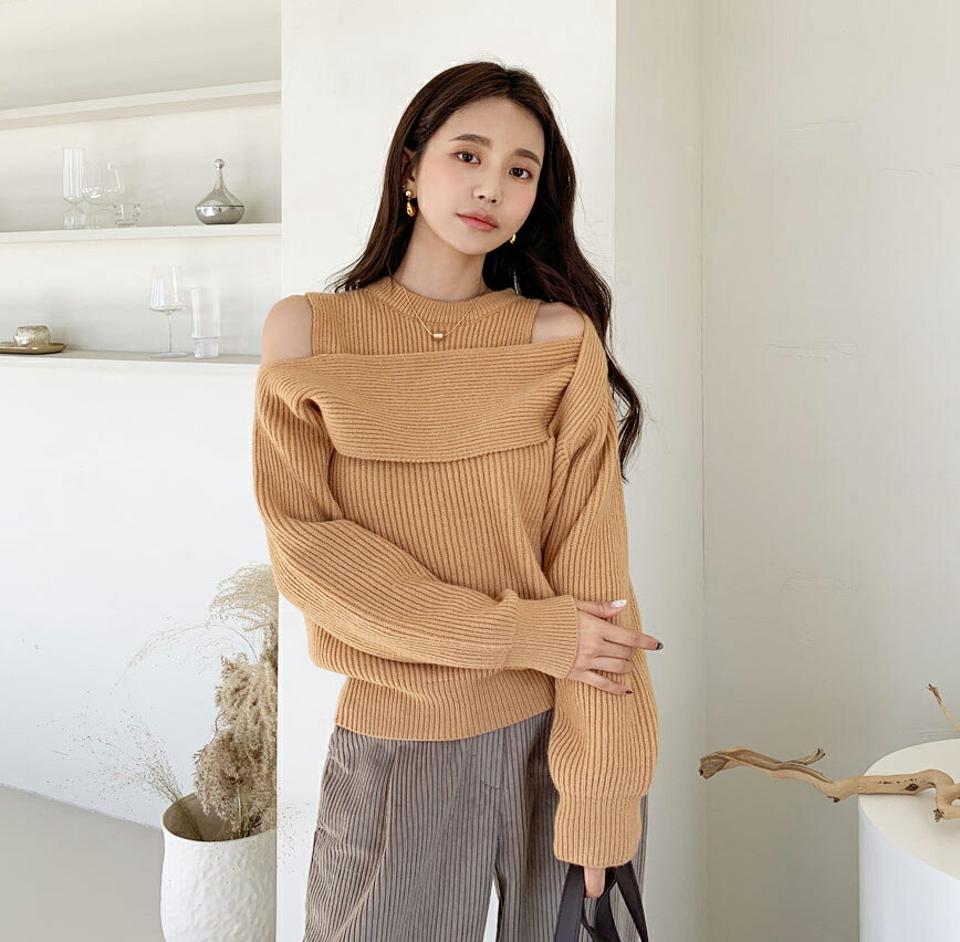 ショルダースリットニット・全4色・t61259 レディース 【tops】【韓国 ファッション トップス ニット ラウンドネック オープンショルダー 肩出し セクシー ロングスリーブ 長袖 リブニット ルーズ ユニーク カジュアル 秋 冬】