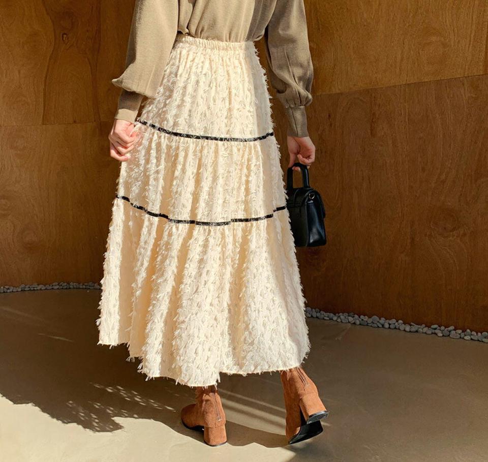 配色テクスチャースカート・全2色・b65812 レディース 【sk】【スカート ロング ロングスカート 配色 ふわふわ シフォン ウエストゴム 可愛い かわいい 秋 冬 韓国 ファッション】【ハイホリHIHOLLI】