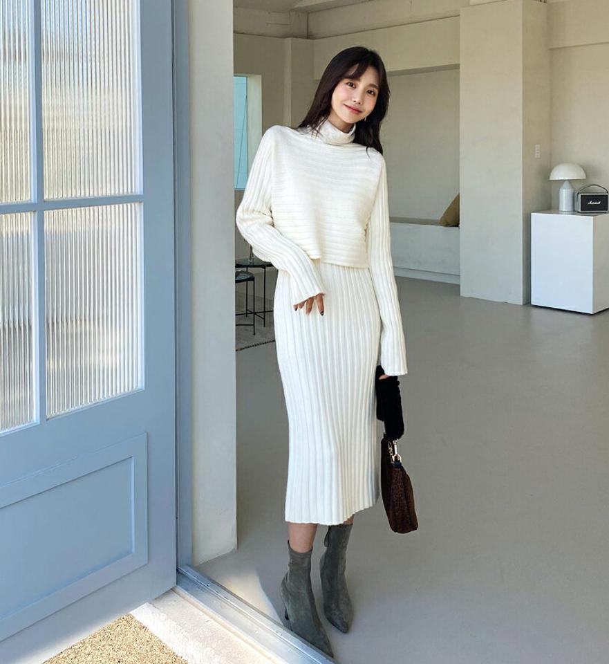 スリーブレスワンピース&ラグランニットSET・全2色・e61270 レディース 【ops】【韓国 ファッション セットアップ ワンピース ロング Hライン ミモレ スリム タイト ノースリーブ ニット リブニット ボートネック クロップド きれいめ 大人 秋 冬】