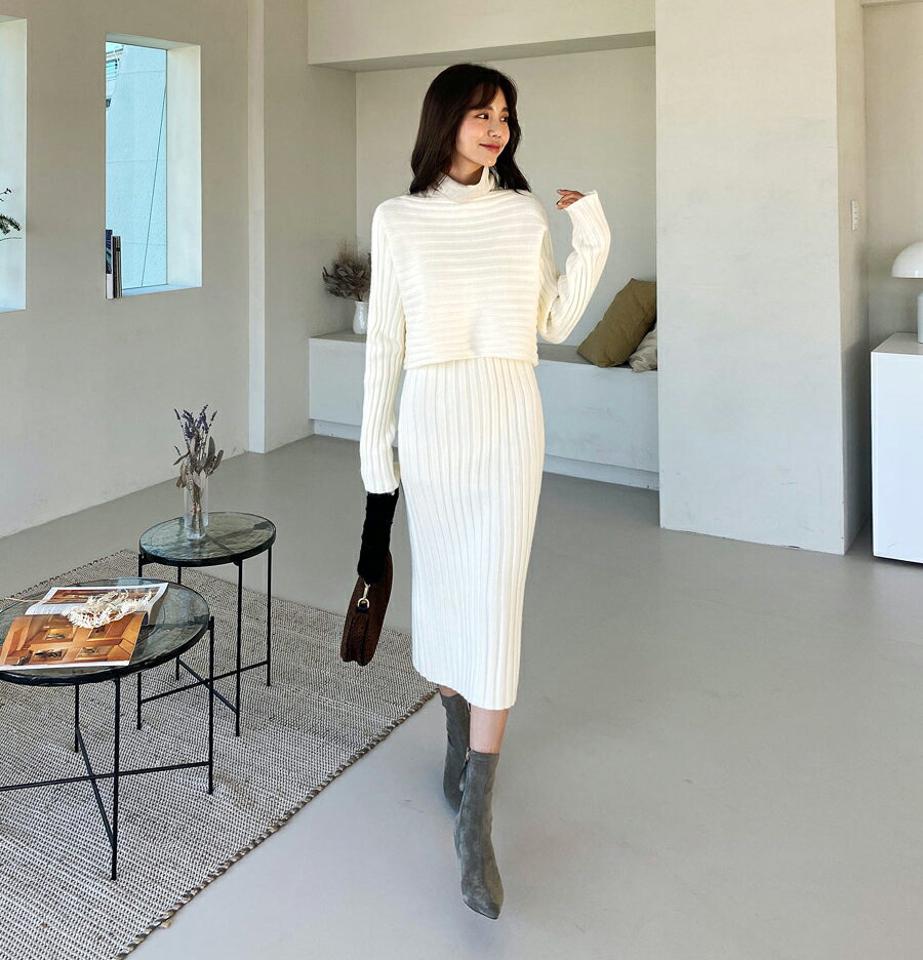 スリーブレスワンピース&ラグランニットSET・全2色・e61270 レディース 【ops】【韓国 ファッション セットアップ ワンピース ロング Hライン ミモレ スリム タイト ノースリーブ ニット リブニット ボートネック クロップド きれいめ 大人 秋 冬】