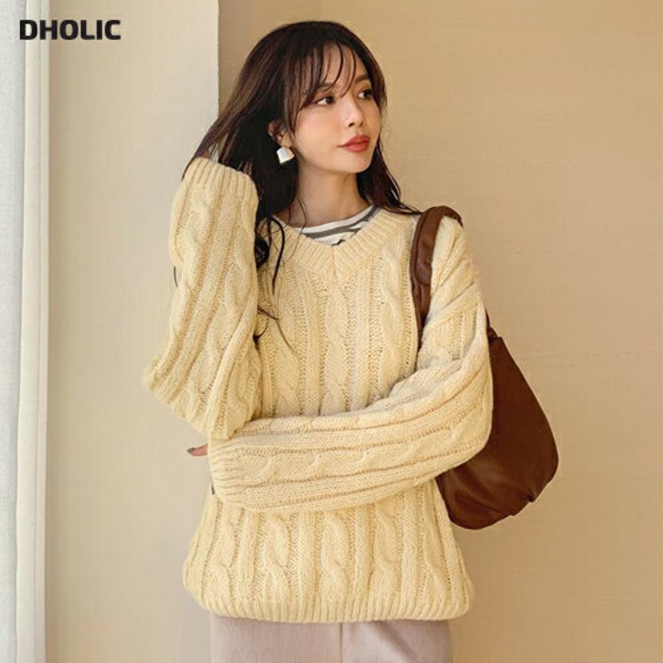 ツイストVネックニット・全3色・t65797 レディース 【tops】【トップス ニット ニットトップス 長袖 Vネック ツイスト ツイスト編み カジュアル Vネック シンプル 単色 ウール 冬 韓国 ファッション】【ハイホリHIHOLLI】