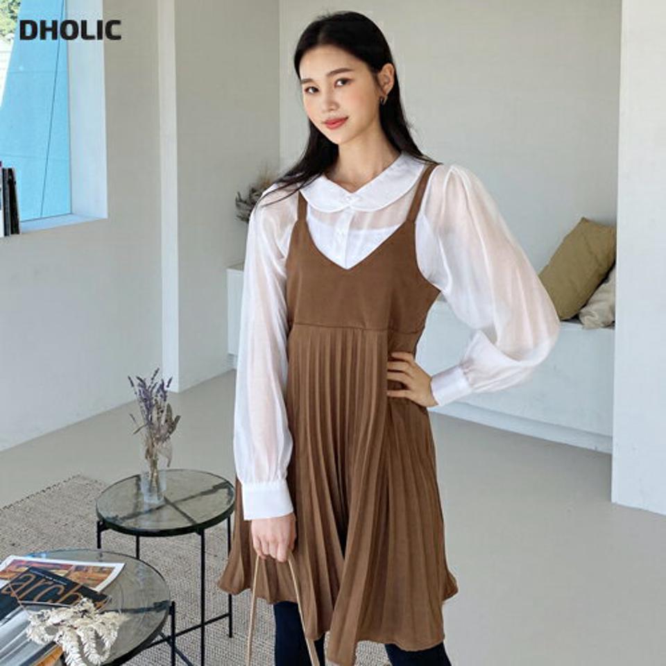 プリーツキャミワンピース・全2色・t61268 レディース 【ops】【韓国 ファッション ワンピース ミニ ショート フレア Aライン Vネック ノースリーブ スリーブレス キャミソール 無地 ガーリー カジュアル 秋 冬】