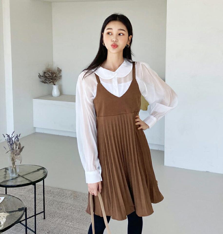 プリーツキャミワンピース・全2色・t61268 レディース 【ops】【韓国 ファッション ワンピース ミニ ショート フレア Aライン Vネック ノースリーブ スリーブレス キャミソール 無地 ガーリー カジュアル 秋 冬】