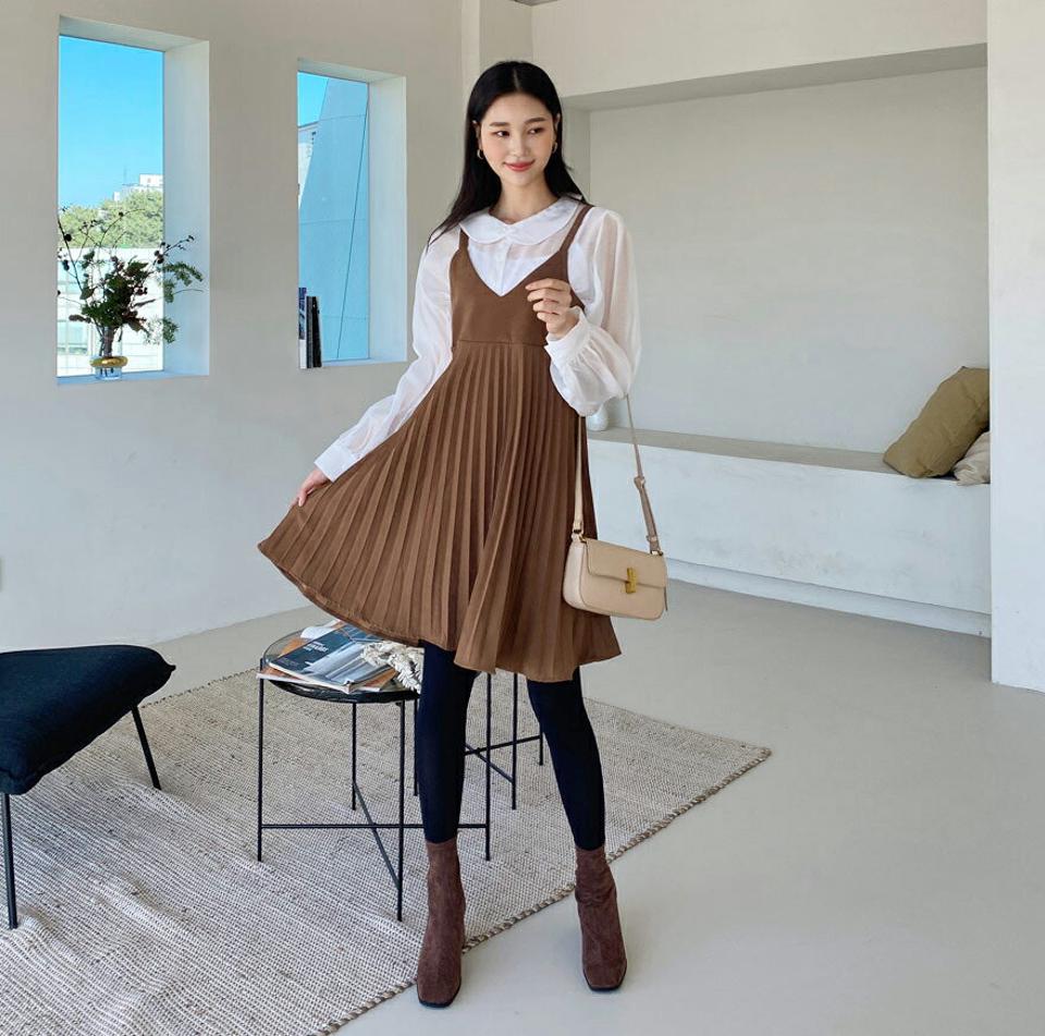 プリーツキャミワンピース・全2色・t61268 レディース 【ops】【韓国 ファッション ワンピース ミニ ショート フレア Aライン Vネック ノースリーブ スリーブレス キャミソール 無地 ガーリー カジュアル 秋 冬】