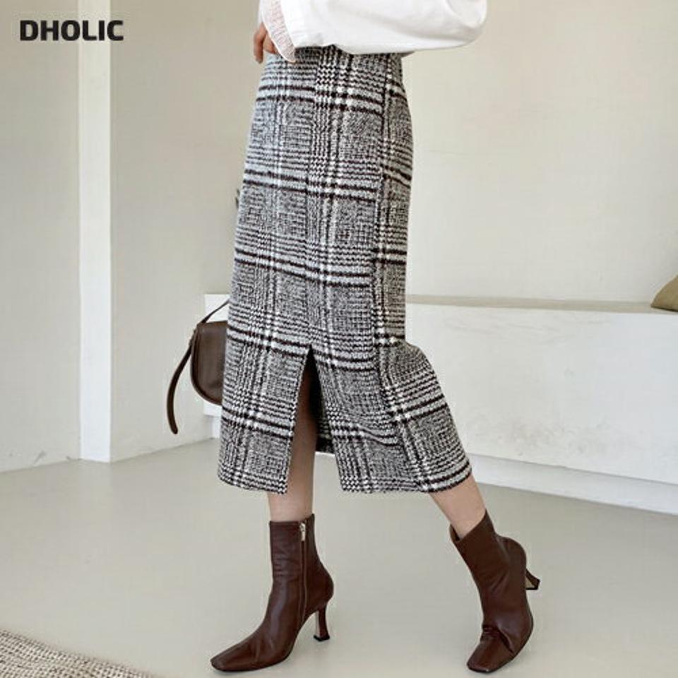 チェックHラインスカート・全2色・t61277 レディース 【sk】【韓国 ファッション ボトムス パンツ ロング Hライン スリム 細身 タイト フロントスリット 大人 柄 パターン グレンチェック カジュアル 秋 冬】