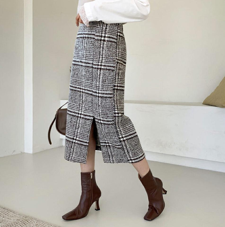 チェックHラインスカート・全2色・t61277 レディース 【sk】【韓国 ファッション ボトムス パンツ ロング Hライン スリム 細身 タイト フロントスリット 大人 柄 パターン グレンチェック カジュアル 秋 冬】
