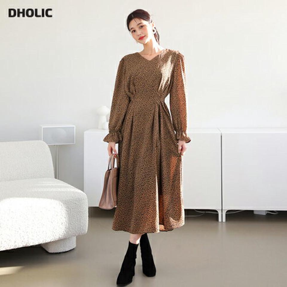 レオパードVネックワンピース・全3色・t61269 レディース 【ops】韓国 ファッション ワンピース ロング フレア Aライン 長袖 パフスリーブ タック パターン 柄 アニマル柄 ヒョウ柄 薄手 カジュアル 秋 冬