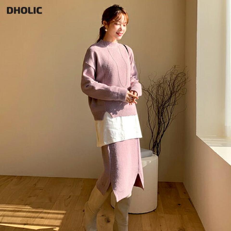 【只今10%OFF】ハーフネックニット&スカートSET・全4色・b65802 レディース 【ops】【セットアップ setup トップス ニット スカート 長袖 ミディ丈 ミディスカート ハーフネック 単色 無地 シンプル 秋 冬 韓国 ファッション】【ハイホリHIHOLLI】