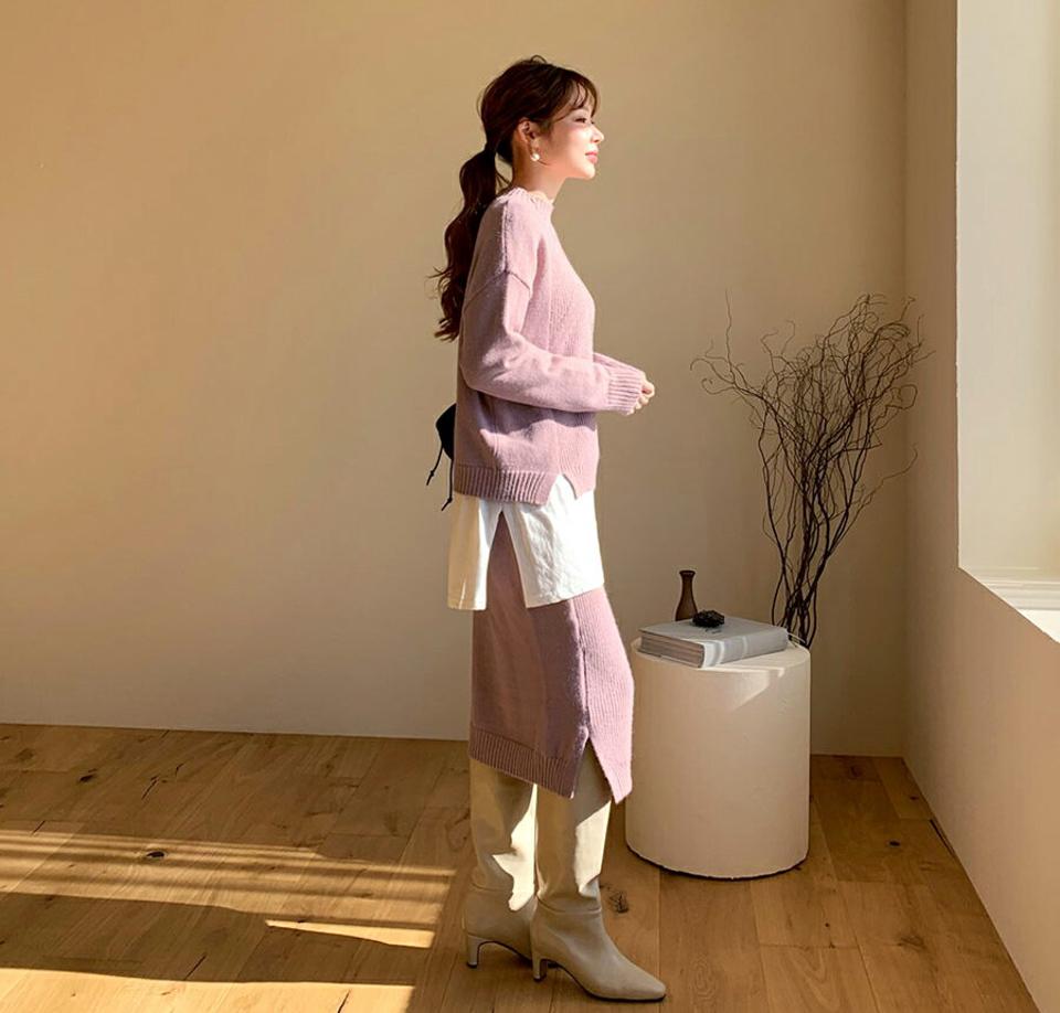 【只今10%OFF】ハーフネックニット&スカートSET・全4色・b65802 レディース 【ops】【セットアップ setup トップス ニット スカート 長袖 ミディ丈 ミディスカート ハーフネック 単色 無地 シンプル 秋 冬 韓国 ファッション】【ハイホリHIHOLLI】