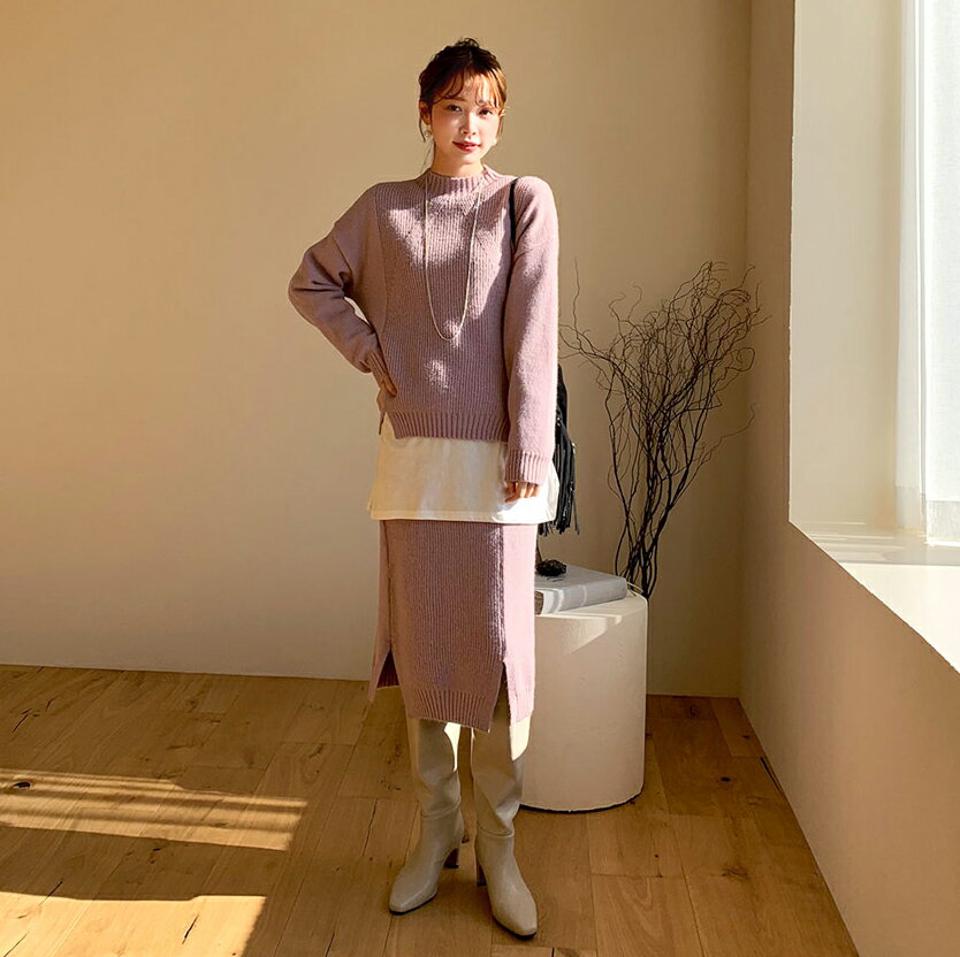 【只今10%OFF】ハーフネックニット&スカートSET・全4色・b65802 レディース 【ops】【セットアップ setup トップス ニット スカート 長袖 ミディ丈 ミディスカート ハーフネック 単色 無地 シンプル 秋 冬 韓国 ファッション】【ハイホリHIHOLLI】