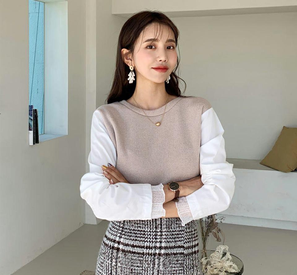 【特価】コントラストTシャツ・全2色・t61292 レディース 【tops】【韓国 ファッション トップス Tシャツ カットソー ラウンドネック 長袖 配色 ルーズ ゆったり カジュアル 秋 冬】