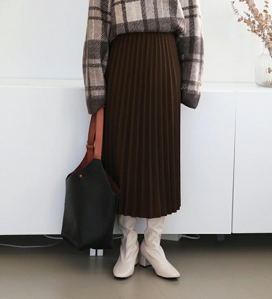 ウエストゴムプリーツスカート・全2色・e61278 レディース 【sk】【韓国 ファッション ボトムス スカート ロング フレア Aライン プリーツ 無地 デイリー 大人 カジュアル 秋 冬】
