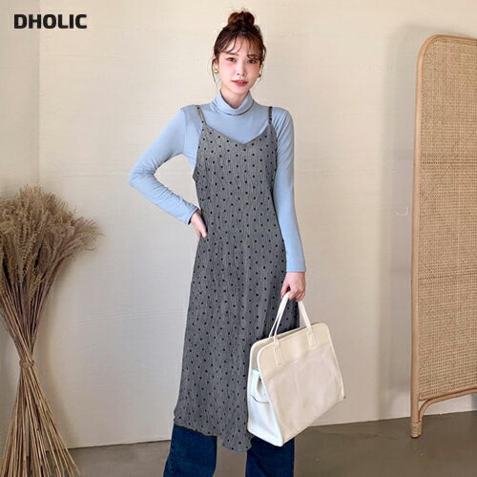 ドットリンクルワンピース・全4色・t65722 レディース 【ops】【ワンピース ロング ロングワンピース ドット柄 リンクル スリーブレス ノースリーブ レイヤード 可愛い かわいい 秋 冬 韓国 ファッション】【ハイホリHIHOLLI】