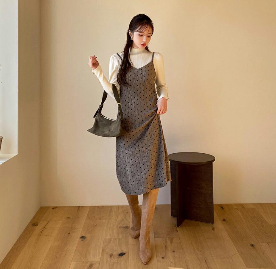 ドットリンクルワンピース・全4色・t65722 レディース 【ops】【ワンピース ロング ロングワンピース ドット柄 リンクル スリーブレス ノースリーブ レイヤード 可愛い かわいい 秋 冬 韓国 ファッション】【ハイホリHIHOLLI】
