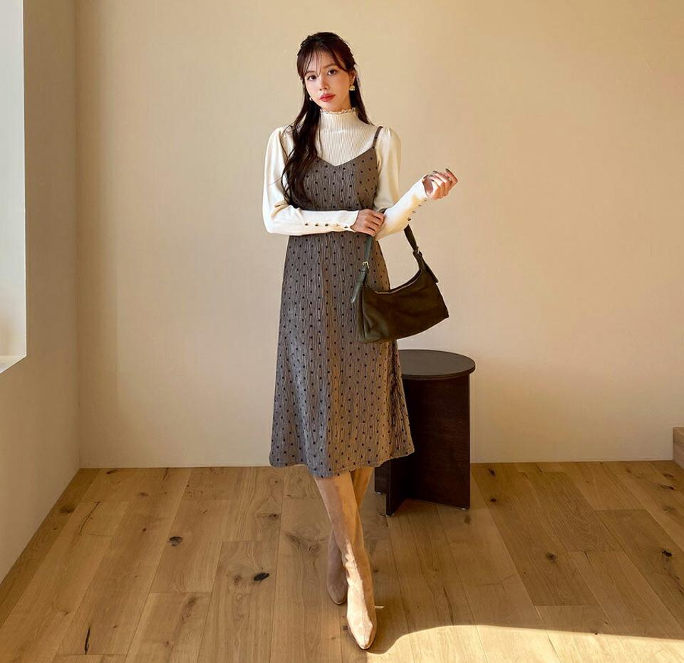 ドットリンクルワンピース・全4色・t65722 レディース 【ops】【ワンピース ロング ロングワンピース ドット柄 リンクル スリーブレス ノースリーブ レイヤード 可愛い かわいい 秋 冬 韓国 ファッション】【ハイホリHIHOLLI】