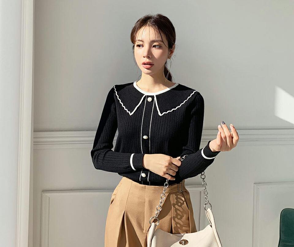 パールボタン配色カラーニット・全3色・b65753 レディース 【tops】【トップス ニット ニットトップス 長袖 パールボタン 大人 フェミニン 可愛い かわいい 襟コンシャス 秋 冬 韓国 ファッション】【ハイホリHIHOLLI】