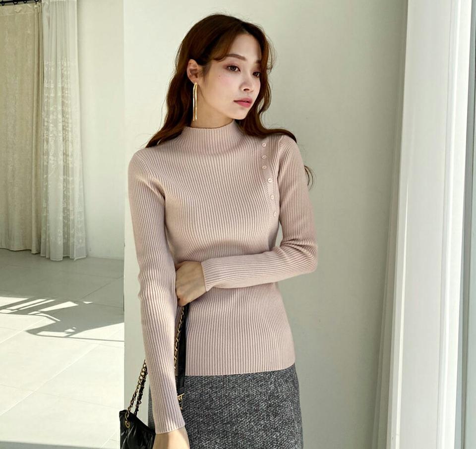 リブサイドボタンニット・全4色・b65758 レディース 【tops】【トップス ニット ニットトップス 長袖 リブニット リブトップス 単色 シンプル カジュアル 大人 ハーフネック きれいめ 秋 冬 韓国 ファッション】【ハイホリHIHOLLI】