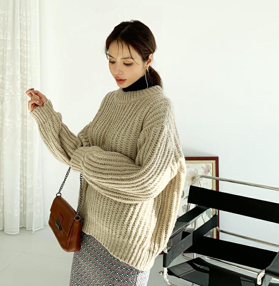 ルーズラウンドニット・全5色・b65768 レディース 【tops】【トップス ニット ニットトップス 長袖 ルーズ ゆったり ローゲージ ラウンドネック 単色 無地 ボリューム袖 カジュアル 秋 冬 韓国 ファッション】【ハイホリHIHOLLI】