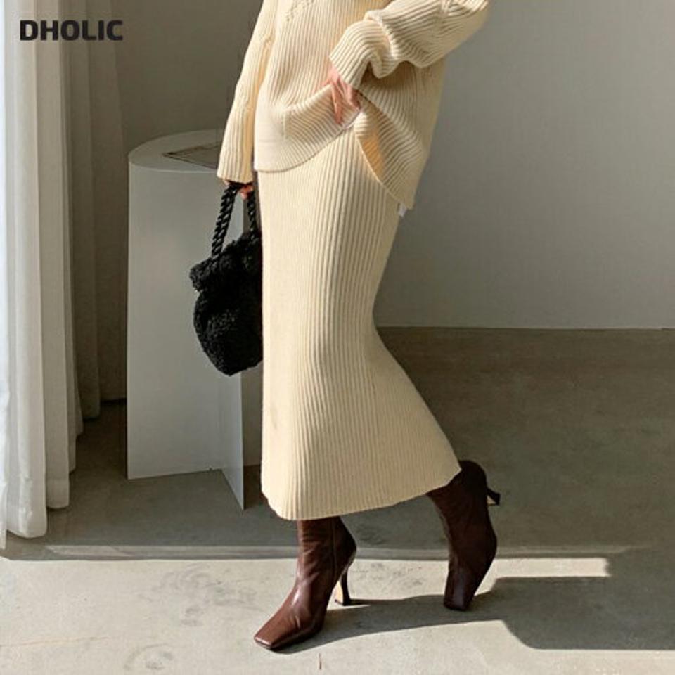 リブニットスカート・全2色・b62293 レディース 【sk】【韓国 ファッション ボトムス スカート ロング Hライン ミモレ スリム タイト 細身 ニットスカート リブニット 無地 カジュアル 秋 冬】