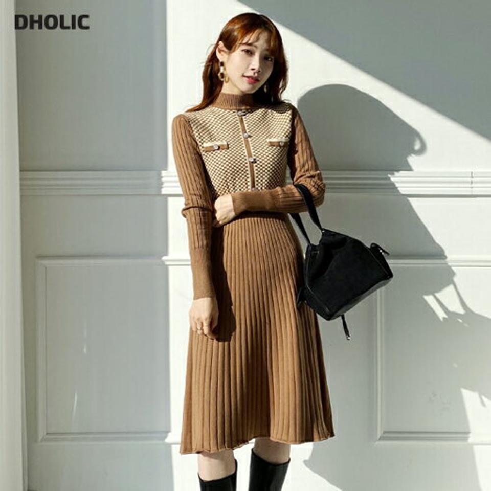 【只今10%OFF】チェックニットワンピース・全2色・b65767 レディース 【ops】【ワンピース ミディ丈 ミディワンピース ひざ下 チェック柄 ニット ニットワンピース 長袖 ハーフネック リブ 大人 かわいい 秋 冬 韓国 ファッション】【ハイホリHIHOLLI】