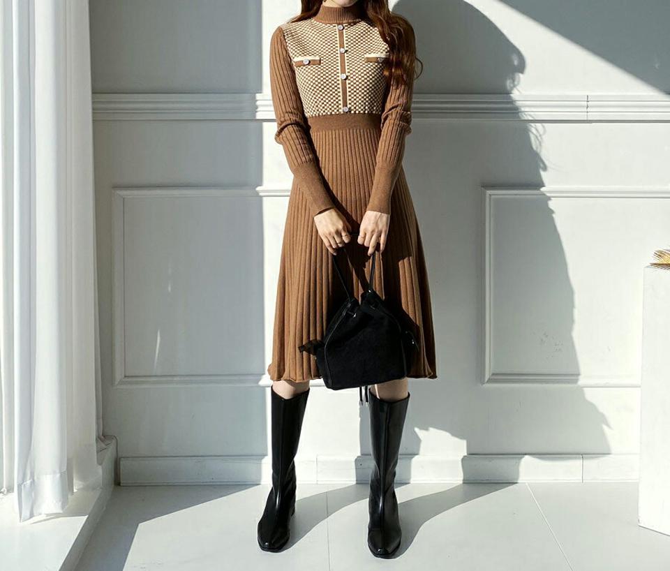 【只今10%OFF】チェックニットワンピース・全2色・b65767 レディース 【ops】【ワンピース ミディ丈 ミディワンピース ひざ下 チェック柄 ニット ニットワンピース 長袖 ハーフネック リブ 大人 かわいい 秋 冬 韓国 ファッション】【ハイホリHIHOLLI】