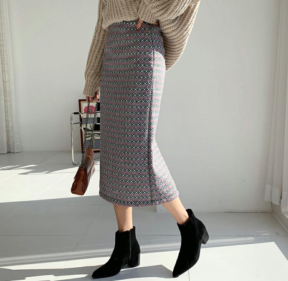 パターンHラインスカート・全2色・t65779 レディース 【sk】【スカート ミディ丈 ミディスカート Hライン 総柄 ユニーク バックスリット 大人 カジュアル 秋 冬 韓国 ファッション】【ハイホリHIHOLLI】