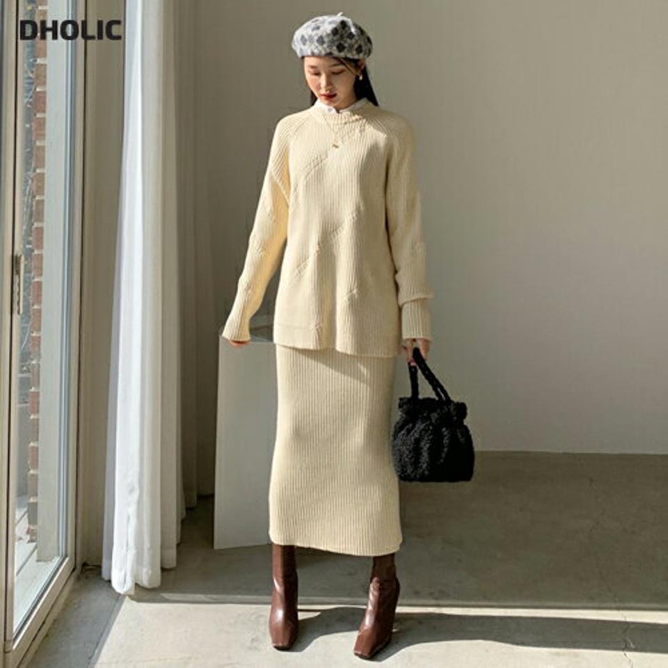 ラウンドラグランニット&リブスカートSET・全2色・b62291 レディース 【ops】【韓国 ファッション セットアップ トップス ニット 長袖 ロングスリーブ ルーズ ゆったり 体型カバー リブニット スカート ロング Hライン ミモレ スリム カジュアル 秋 冬】