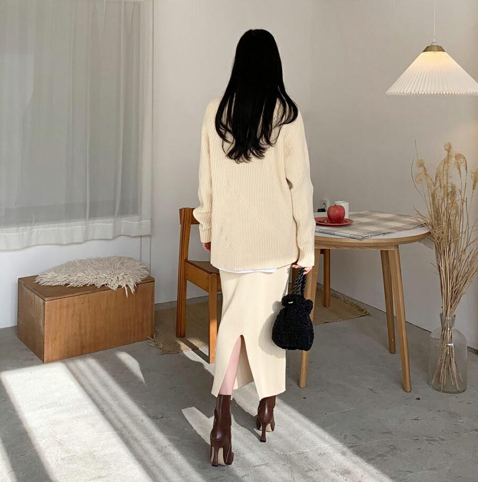 ラウンドラグランニット&リブスカートSET・全2色・b62291 レディース 【ops】【韓国 ファッション セットアップ トップス ニット 長袖 ロングスリーブ ルーズ ゆったり 体型カバー リブニット スカート ロング Hライン ミモレ スリム カジュアル 秋 冬】