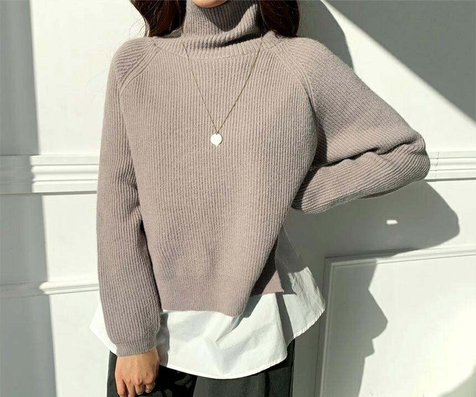 レイヤード調ハイネックニット・全2色・e65763 レディース 【tops】【トップス ニット ニットトップス 長袖 レイヤード風 ハイネック 単色 無地 シンプル カジュアル ゆったり 大人 ラフ 秋 冬 韓国 ファッション】【ハイホリHIHOLLI】