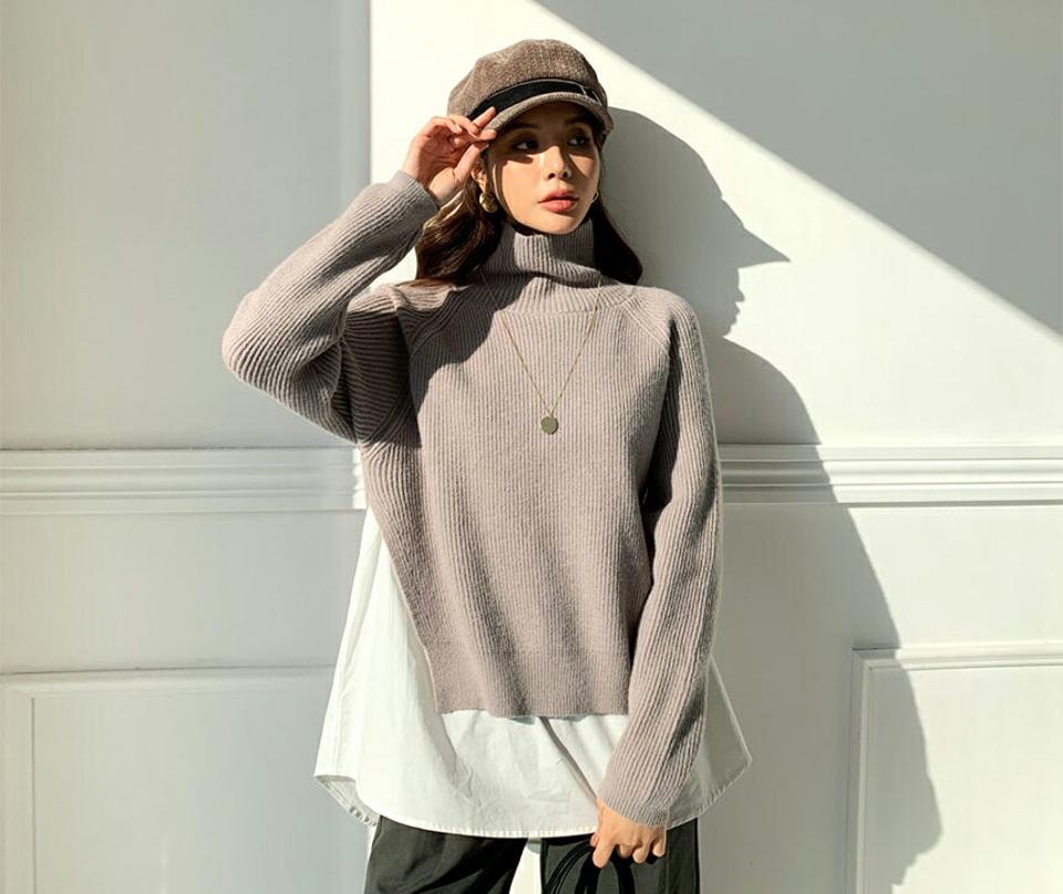 レイヤード調ハイネックニット・全2色・e65763 レディース 【tops】【トップス ニット ニットトップス 長袖 レイヤード風 ハイネック 単色 無地 シンプル カジュアル ゆったり 大人 ラフ 秋 冬 韓国 ファッション】【ハイホリHIHOLLI】