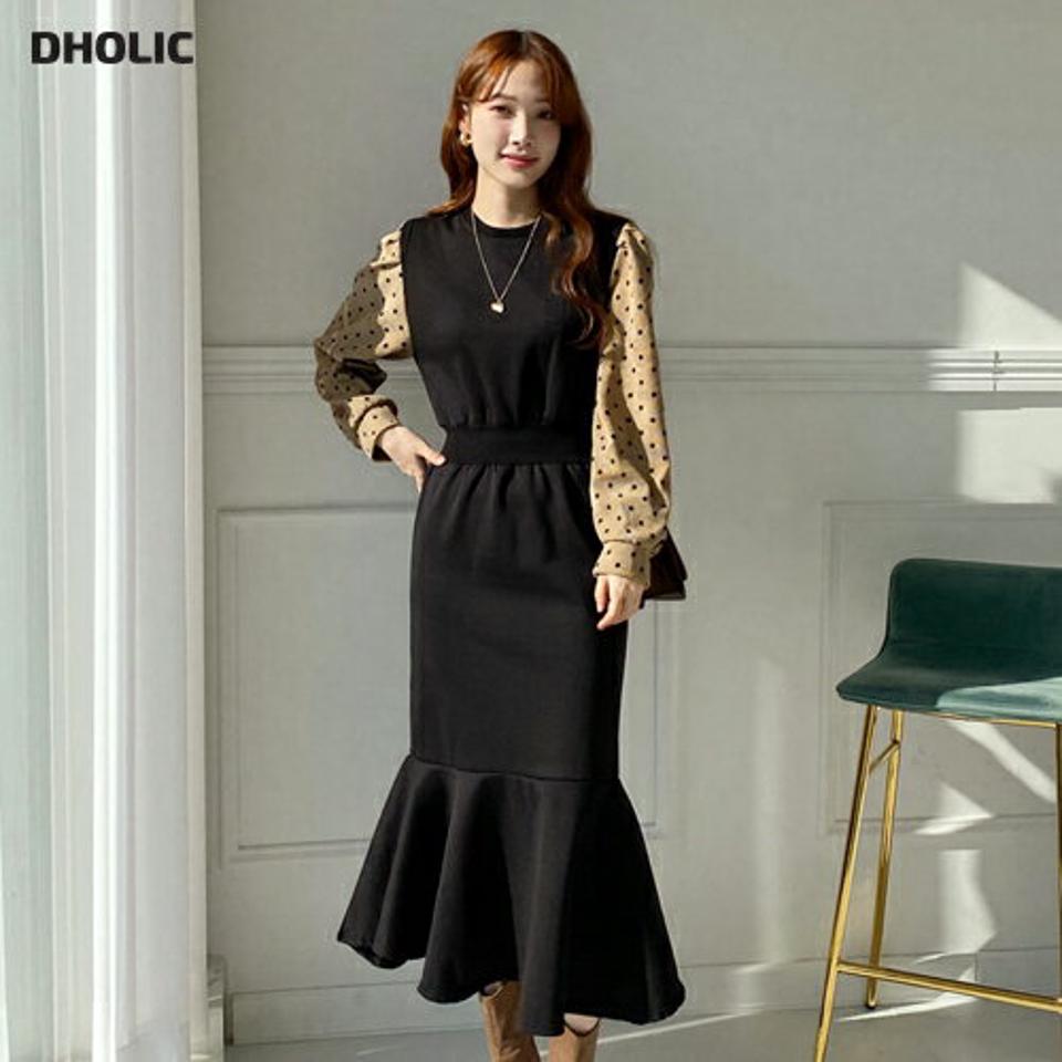 裏起毛ドットスリーブワンピース・全2色・b65757 レディース 【ops】【ワンピース ロング ロングワンピース ドット柄 裏起毛 長袖 コーデュロイ ガーリー 大人 可愛い かわいい 冬 韓国 ファッション】【ハイホリHIHOLLI】