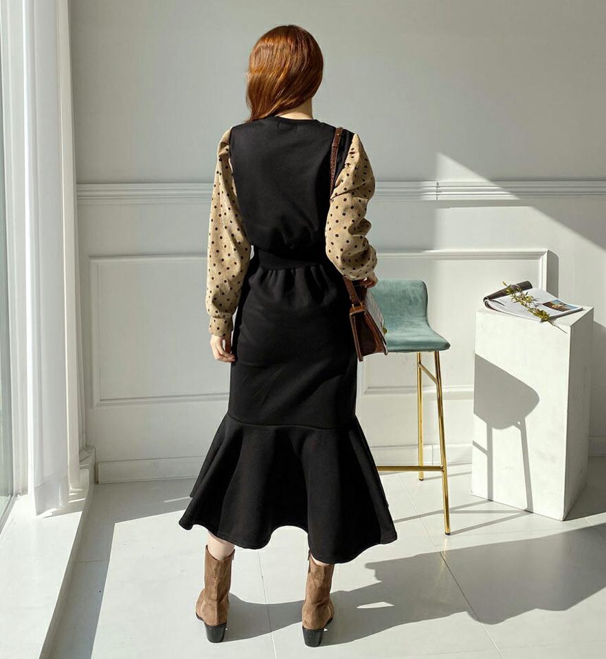 裏起毛ドットスリーブワンピース・全2色・b65757 レディース 【ops】【ワンピース ロング ロングワンピース ドット柄 裏起毛 長袖 コーデュロイ ガーリー 大人 可愛い かわいい 冬 韓国 ファッション】【ハイホリHIHOLLI】