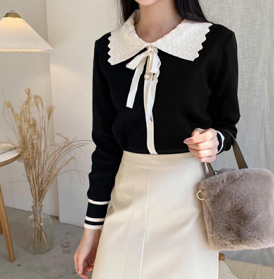 【只今10%OFF】フェイクパールカラーニット・全2色・b62277 レディース 【tops】【韓国 ファッション トップス ニット ラウンドネック カラー 襟 リボンネック ボウタイ 長袖 配色 ガーリー きれいめ カジュアル 秋 冬】