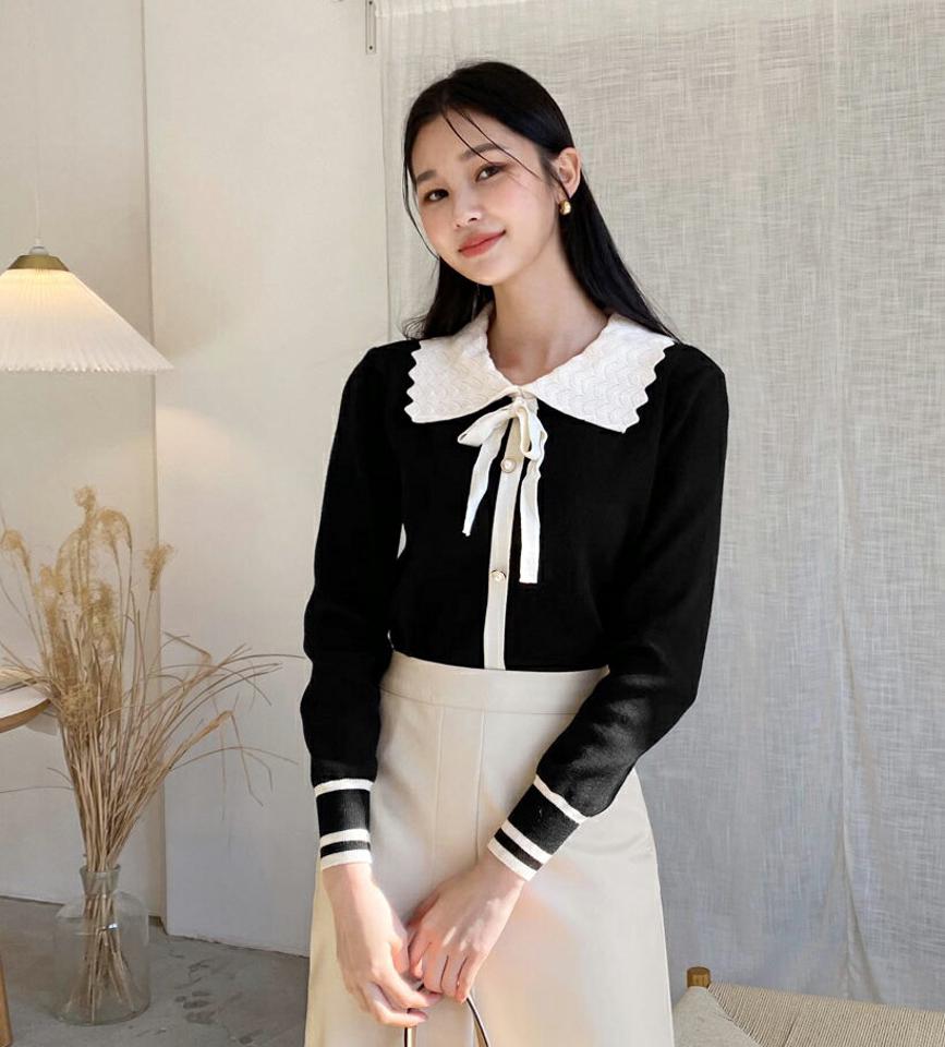 【只今10%OFF】フェイクパールカラーニット・全2色・b62277 レディース 【tops】【韓国 ファッション トップス ニット ラウンドネック カラー 襟 リボンネック ボウタイ 長袖 配色 ガーリー きれいめ カジュアル 秋 冬】