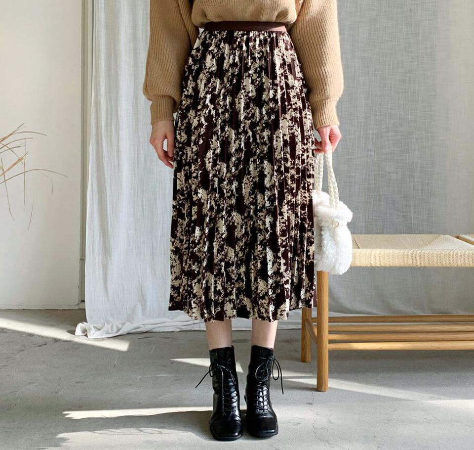 パターンスプリーツカート・全2色・b62298 レディース 【sk】【韓国 ファッション ボトムス スカート ロング Aライン フレア ウエストゴム パターン 柄 ペイント ペインティング 上品 エレガント 大人 カジュアル 秋 冬】