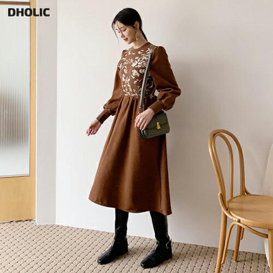 花柄ニット配色ワンピース・全3色・b62287 レディース 【ops】韓国ファッション ワンピース フレア Aライン 長袖 パフスリーブ ぼわん袖 ボリューム袖 スリム 柄 ガーリー 上品 異素材 カジュアル 秋 冬