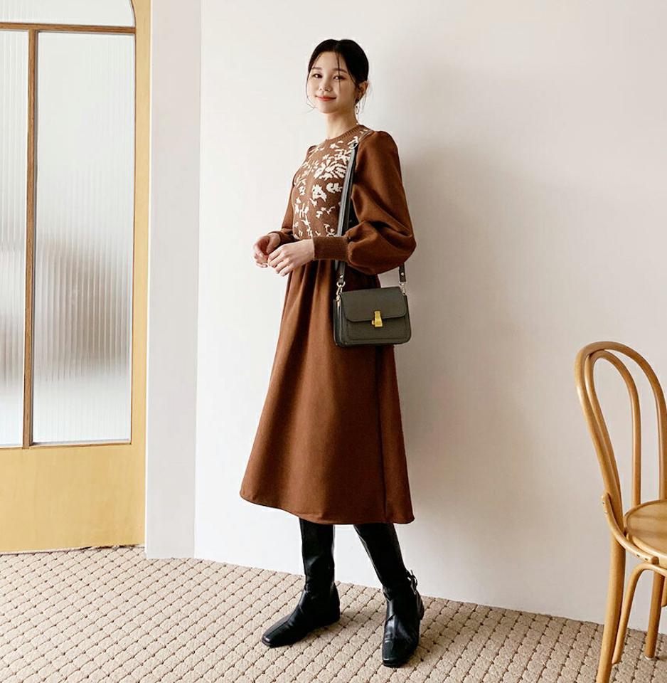 花柄ニット配色ワンピース・全3色・b62287 レディース 【ops】韓国ファッション ワンピース フレア Aライン 長袖 パフスリーブ ぼわん袖 ボリューム袖 スリム 柄 ガーリー 上品 異素材 カジュアル 秋 冬