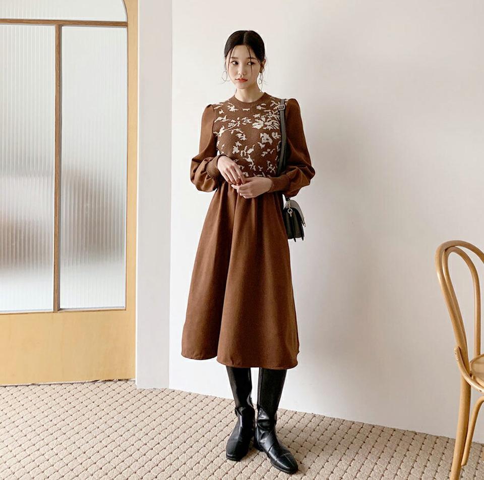 花柄ニット配色ワンピース・全3色・b62287 レディース 【ops】韓国ファッション ワンピース フレア Aライン 長袖 パフスリーブ ぼわん袖 ボリューム袖 スリム 柄 ガーリー 上品 異素材 カジュアル 秋 冬