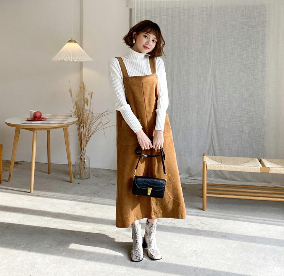 コーデュロイワンピース・全3色・t62284 レディース 【ops】【韓国 ファッション ワンピース ロング Aライン スリーブレス ジャンパースカート サロペットスカート ルーズ ゆったり 無地 ビンテージ ガーリー カジュアル 秋 冬】