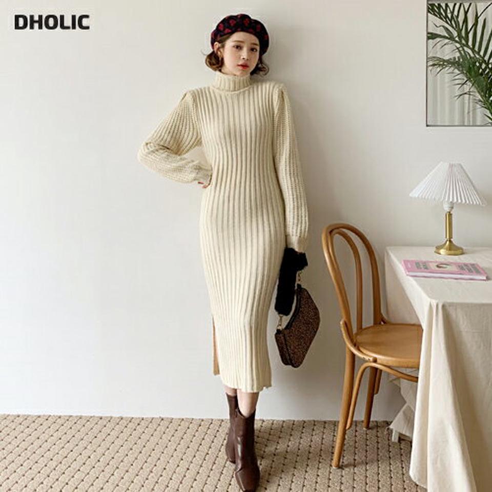 リボンタートルニットワンピース・全1色・b62288 レディース 【ops】【韓国 ファッション ワンピース ロング ハイネック 長袖 ロングスリーブ リブニット スリム 細身 タイト Hライン サイドスリット 無地 カジュアル 秋 冬】