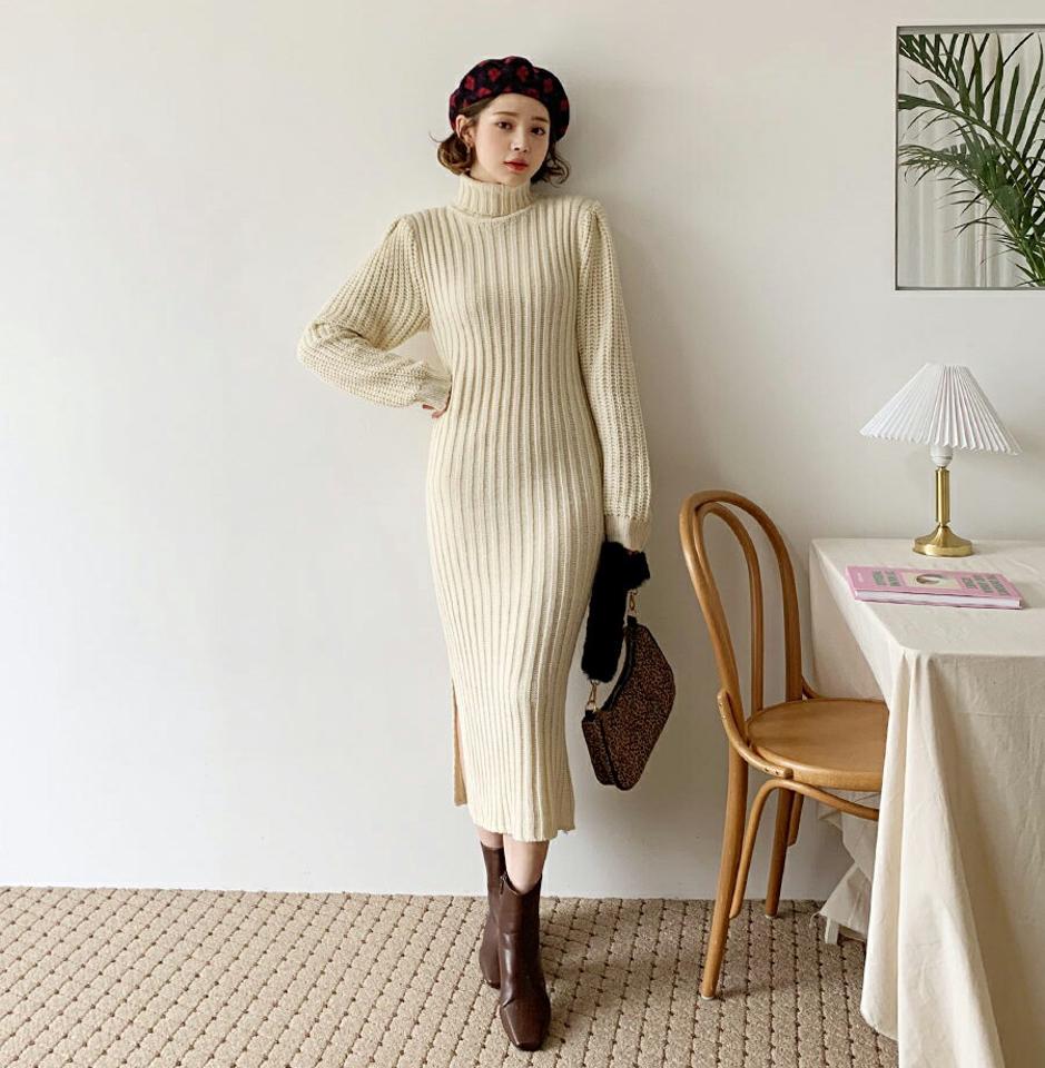 リボンタートルニットワンピース・全1色・b62288 レディース 【ops】【韓国 ファッション ワンピース ロング ハイネック 長袖 ロングスリーブ リブニット スリム 細身 タイト Hライン サイドスリット 無地 カジュアル 秋 冬】