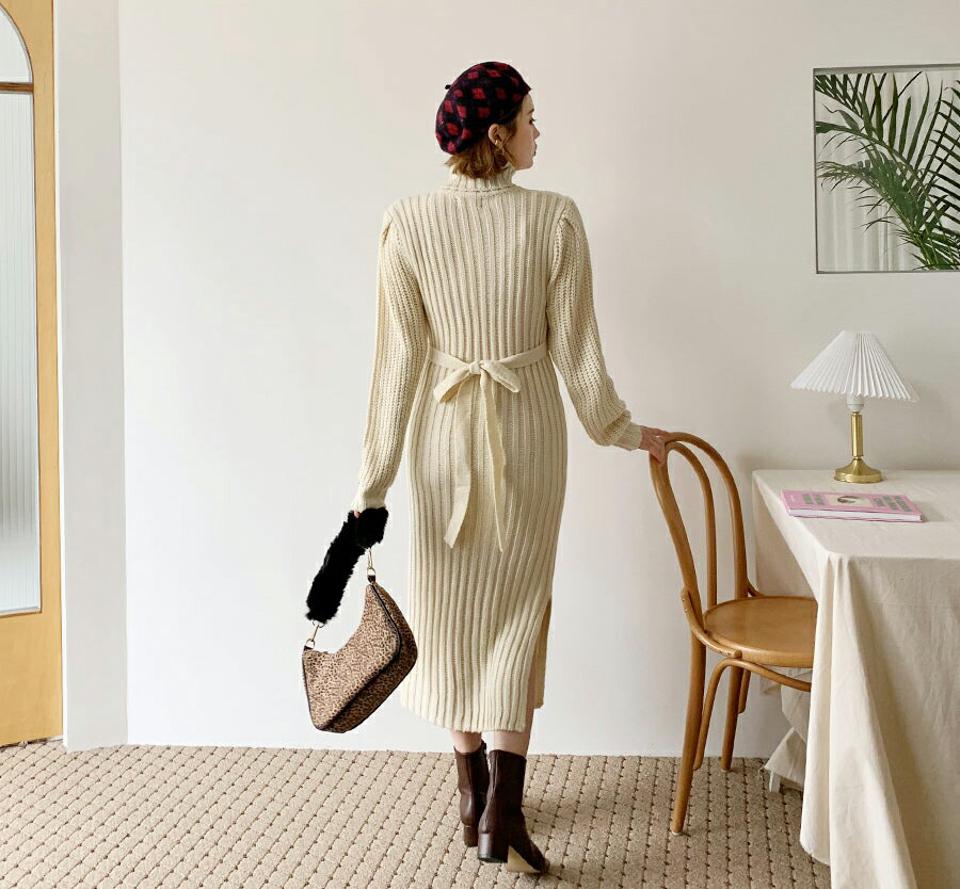 リボンタートルニットワンピース・全1色・b62288 レディース 【ops】【韓国 ファッション ワンピース ロング ハイネック 長袖 ロングスリーブ リブニット スリム 細身 タイト Hライン サイドスリット 無地 カジュアル 秋 冬】